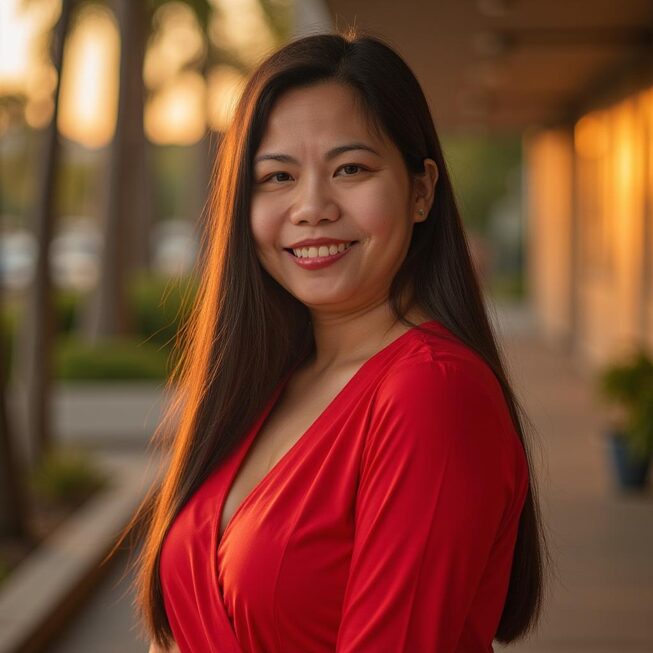 Woman with long dark hair in a red dress smiles outdoors at sunset, standing on a walkway with blurred trees and buildings.